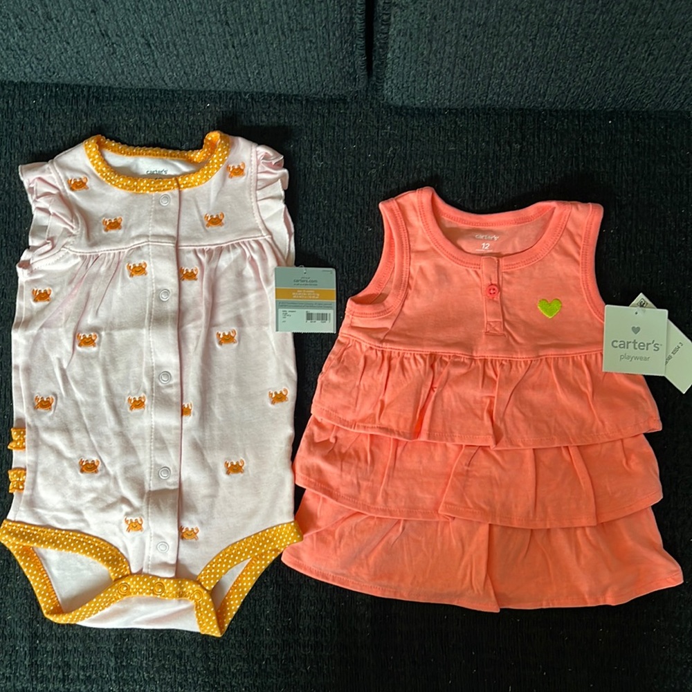 Bundle Carter’s pink onesie with 🦀 on it and a dress size 12 months
